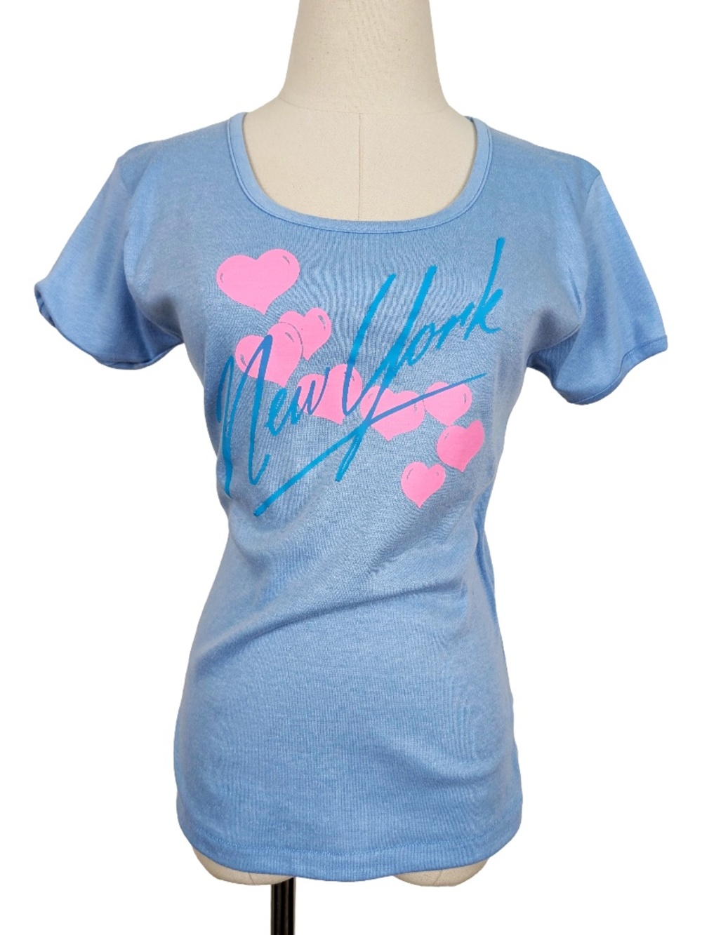 New York Novelty T-shirt Short Sleeve Blue Pink Hearts Size Large